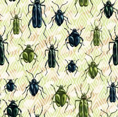 Gouache 'de çizilmiş kusursuz böcek deseni. Çeşitli böceklerle botanik geçmişi moda. Tekstil ve tipografi için vahşi hayvanlar