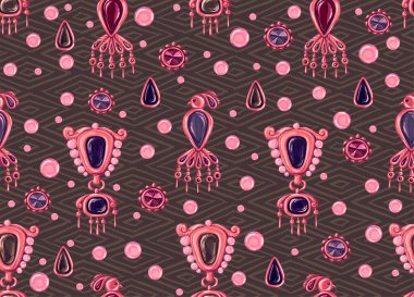 Pürüzsüz desenli değerli değerli mücevherler. Broşlu, küpeli, mineralli ve metalli antikalar.