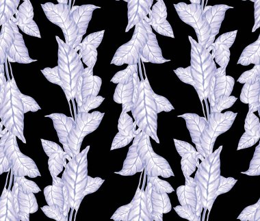 Gouache boyalı palmiye yapraklarının kusursuz deseni. Tropikal bitkilerle botanik geçmişi