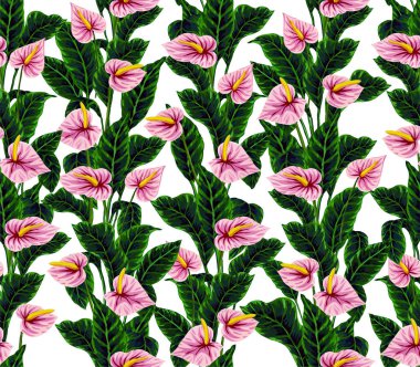 Hawaii bitkilerinin ve ağaçların gouache boyalı yapraklarının kusursuz deseni. Tropikal bitkilerle botanik arka plan eğilimi