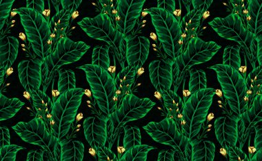 Hawaii bitkilerinin ve ağaçların gouache boyalı yapraklarının kusursuz deseni. Tropikal bitkilerle botanik arka plan eğilimi