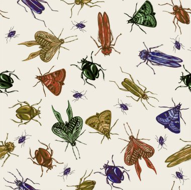Böceklerin, kelebeklerin ve güvelerin kusursuz deseni. Çeşitli böceklerle botanik geçmişi moda. Tekstil ve tipografi için vahşi hayvanlar