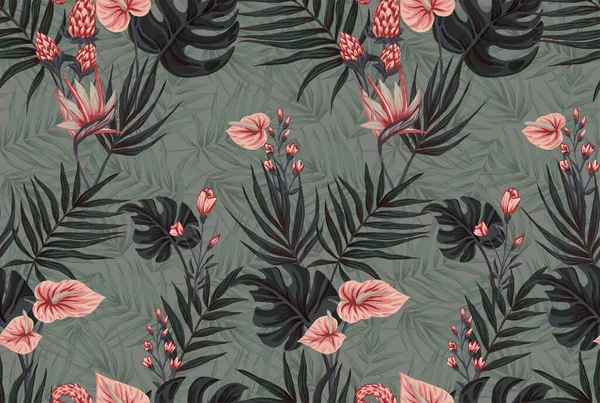 Seamless Pattern Gouache Painted Leaves Hawaiian Herbs Trees Trending Botanical — Stock Photo, Image