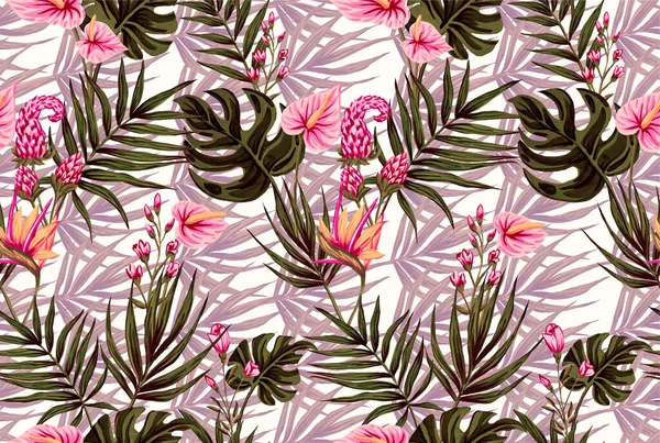 Seamless pattern of gouache-painted leaves of Hawaiian herbs and trees. Trending botanical background with tropical plants