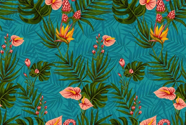 Seamless pattern of gouache-painted leaves of Hawaiian herbs and trees. Trending botanical background with tropical plants