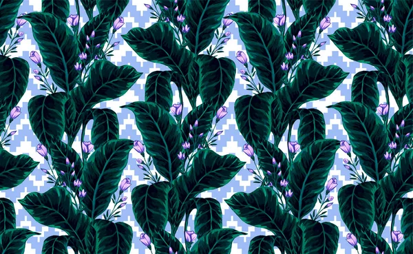 Seamless pattern of gouache-painted leaves of Hawaiian herbs and trees. Trending botanical background with tropical plants