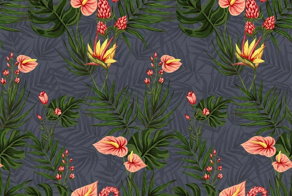 Seamless Pattern Gouache Painted Leaves Hawaiian Herbs Trees Trending Botanical — Stock Photo, Image