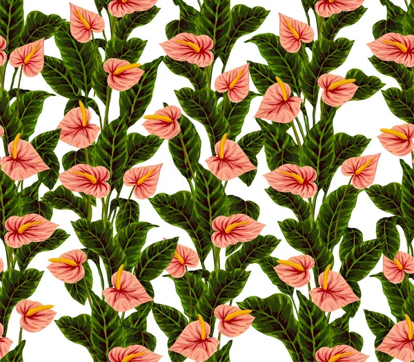 Hawaii bitkilerinin ve ağaçların gouache boyalı yapraklarının kusursuz deseni. Tropikal bitkilerle botanik arka plan eğilimi