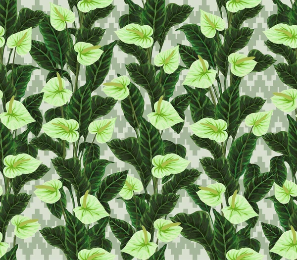 ハワイのハーブや木のガッシュ塗装の葉のシームレスなパターン 熱帯植物と植物の背景の傾向 — ストック写真