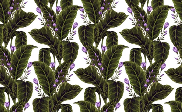 Seamless pattern of gouache-painted leaves of Hawaiian herbs and trees. Trending botanical background with tropical plants