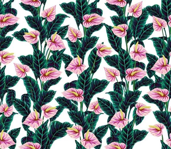Seamless pattern of gouache-painted leaves of Hawaiian herbs and trees. Trending botanical background with tropical plants