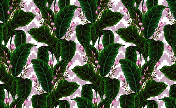 Hawaii bitkilerinin ve ağaçların gouache boyalı yapraklarının kusursuz deseni. Tropikal bitkilerle botanik arka plan eğilimi