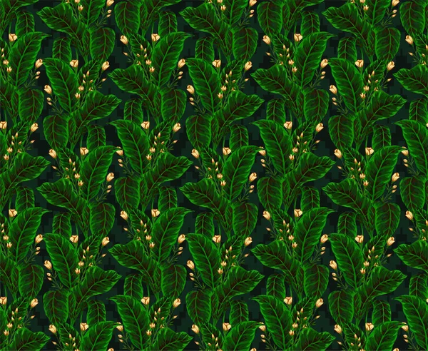 Seamless pattern of gouache-painted leaves of Hawaiian herbs and trees. Trending botanical background with tropical plants