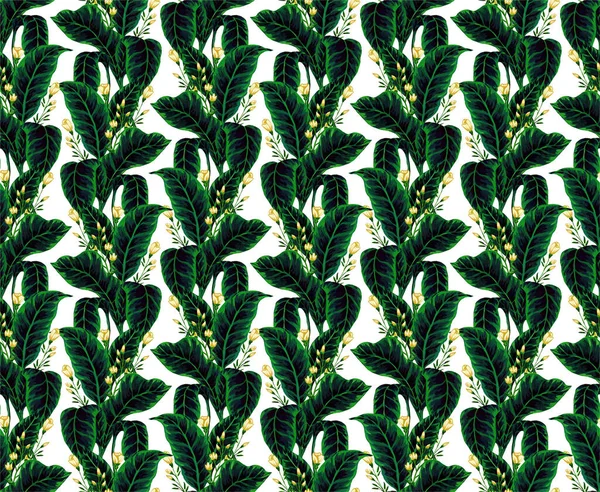 Seamless pattern of gouache-painted leaves of Hawaiian herbs and trees. Trending botanical background with tropical plants