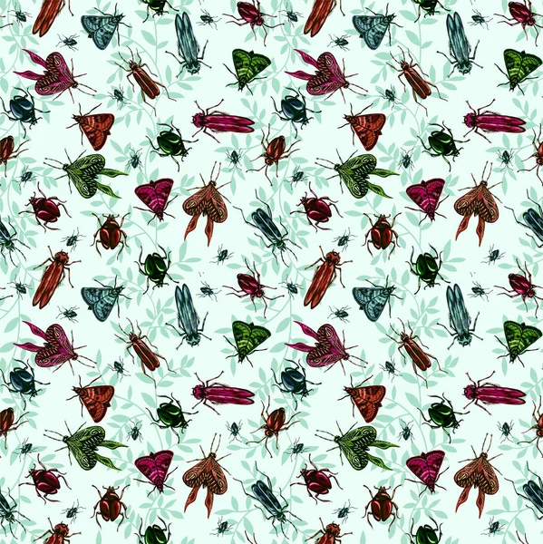 Patrón Sin Costuras Escarabajos Mariposas Polillas Dibujadas Gouache Fondo Botánico — Foto de Stock