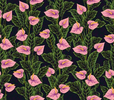 Hawaii bitkilerinin ve ağaçların gouache boyalı yapraklarının kusursuz deseni. Tropikal bitkilerle botanik arka plan eğilimi