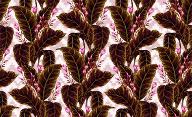 Hawaii bitkilerinin ve ağaçların gouache boyalı yapraklarının kusursuz deseni. Tropikal bitkilerle botanik arka plan eğilimi