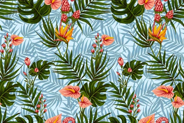 Seamless pattern of gouache-painted leaves of Hawaiian herbs and trees. Trending botanical background with tropical plants