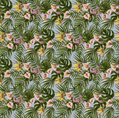 Hawaii bitkilerinin ve ağaçların gouache boyalı yapraklarının kusursuz deseni. Tropikal bitkilerle botanik arka plan eğilimi