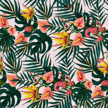 Hawaii bitkilerinin ve ağaçların gouache boyalı yapraklarının kusursuz deseni. Tropikal bitkilerle botanik arka plan eğilimi