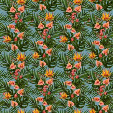 Hawaii bitkilerinin ve ağaçların gouache boyalı yapraklarının kusursuz deseni. Tropikal bitkilerle botanik arka plan eğilimi