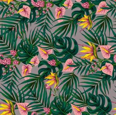 Hawaii bitkilerinin ve ağaçların gouache boyalı yapraklarının kusursuz deseni. Tropikal bitkilerle botanik arka plan eğilimi
