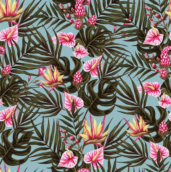 Seamless pattern of gouache-painted leaves of Hawaiian herbs and trees. Trending botanical background with tropical plants