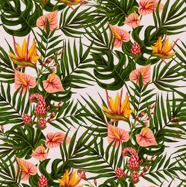 Seamless pattern of gouache-painted leaves of Hawaiian herbs and trees. Trending botanical background with tropical plants