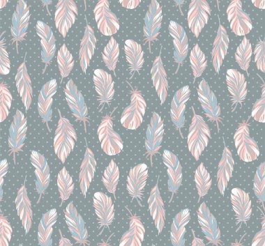Farklı kuşların tüyleriyle desenli arka plan. Elle çizilmiş tüyleri olan kusursuz bir desen. Kumaş ve kağıt için yazdır