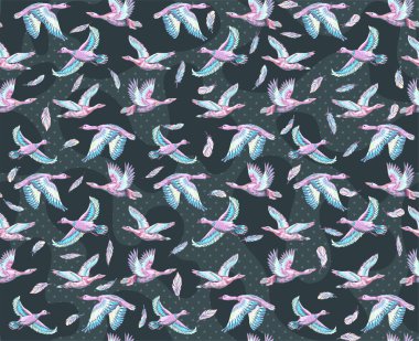 Ördekler ve gökyüzünde uçan kazlarla dokulu bir arka plan. Elle çizilmiş büyük kuşların kusursuz desenleri. Kumaş ve kağıt için yazdır