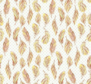 Farklı kuşların tüyleriyle desenli arka plan. Elle çizilmiş tüyleri olan kusursuz bir desen. Kumaş ve kağıt için yazdır