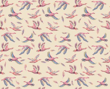 Ördekler ve gökyüzünde uçan kazlarla dokulu bir arka plan. Elle çizilmiş büyük kuşların kusursuz desenleri. Kumaş ve kağıt için yazdır