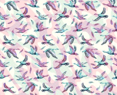 Ördekler ve gökyüzünde uçan kazlarla dokulu bir arka plan. Elle çizilmiş büyük kuşların kusursuz desenleri. Kumaş ve kağıt için yazdır