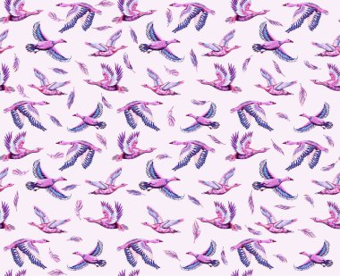 Ördekler ve gökyüzünde uçan kazlarla dokulu bir arka plan. Elle çizilmiş büyük kuşların kusursuz desenleri. Kumaş ve kağıt için yazdır