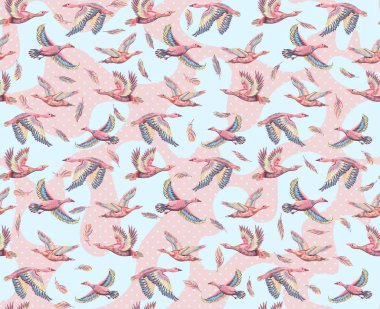 Ördekler ve gökyüzünde uçan kazlarla dokulu bir arka plan. Elle çizilmiş büyük kuşların kusursuz desenleri. Kumaş ve kağıt için yazdır