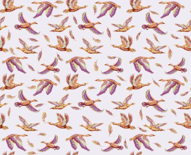 Ördekler ve gökyüzünde uçan kazlarla dokulu bir arka plan. Elle çizilmiş büyük kuşların kusursuz desenleri. Kumaş ve kağıt için yazdır