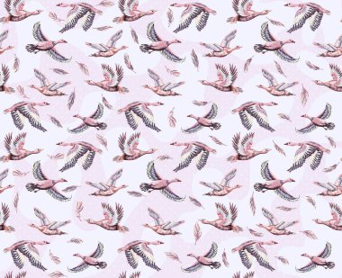 Ördekler ve gökyüzünde uçan kazlarla dokulu bir arka plan. Elle çizilmiş büyük kuşların kusursuz desenleri. Kumaş ve kağıt için yazdır