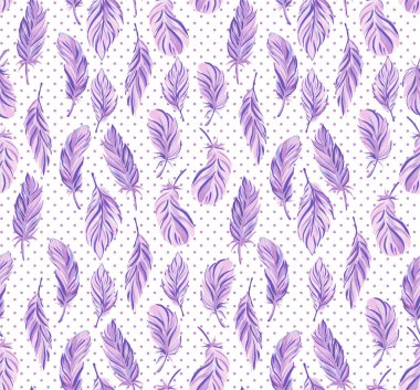 Farklı kuşların tüyleriyle desenli arka plan. Elle çizilmiş tüyleri olan kusursuz bir desen. Kumaş ve kağıt için yazdır