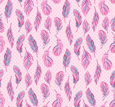 Farklı kuşların tüyleriyle desenli arka plan. Elle çizilmiş tüyleri olan kusursuz bir desen. Kumaş ve kağıt için yazdır