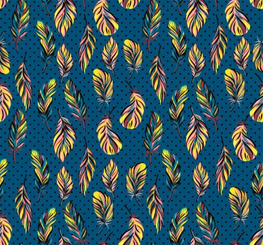 Farklı kuşların tüyleriyle desenli arka plan. Elle çizilmiş tüyleri olan kusursuz bir desen. Kumaş ve kağıt için yazdır