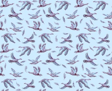Ördekler ve gökyüzünde uçan kazlarla dokulu bir arka plan. Elle çizilmiş büyük kuşların kusursuz desenleri. Kumaş ve kağıt için yazdır