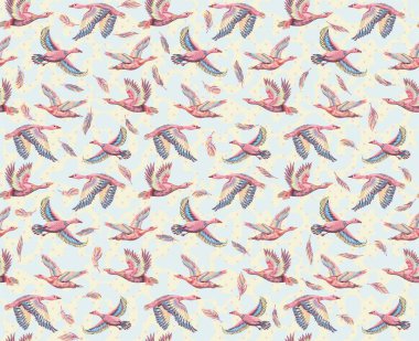 Ördekler ve gökyüzünde uçan kazlarla dokulu bir arka plan. Elle çizilmiş büyük kuşların kusursuz desenleri. Kumaş ve kağıt için yazdır