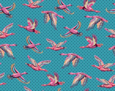 Ördekler ve gökyüzünde uçan kazlarla dokulu bir arka plan. Elle çizilmiş büyük kuşların kusursuz desenleri. Kumaş ve kağıt için yazdır