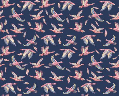 Ördekler ve gökyüzünde uçan kazlarla dokulu bir arka plan. Elle çizilmiş büyük kuşların kusursuz desenleri. Kumaş ve kağıt için yazdır