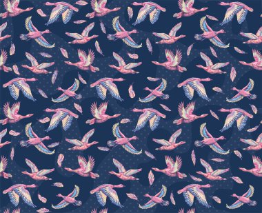 Ördekler ve gökyüzünde uçan kazlarla dokulu bir arka plan. Elle çizilmiş büyük kuşların kusursuz desenleri. Kumaş ve kağıt için yazdır