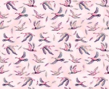 Ördekler ve gökyüzünde uçan kazlarla dokulu bir arka plan. Elle çizilmiş büyük kuşların kusursuz desenleri. Kumaş ve kağıt için yazdır