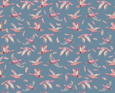 Ördekler ve gökyüzünde uçan kazlarla dokulu bir arka plan. Elle çizilmiş büyük kuşların kusursuz desenleri. Kumaş ve kağıt için yazdır