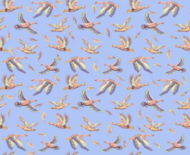 Ördekler ve gökyüzünde uçan kazlarla dokulu bir arka plan. Elle çizilmiş büyük kuşların kusursuz desenleri. Kumaş ve kağıt için yazdır