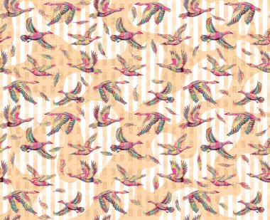 Ördekler ve gökyüzünde uçan kazlarla dokulu bir arka plan. Elle çizilmiş büyük kuşların kusursuz desenleri. Kumaş ve kağıt için yazdır