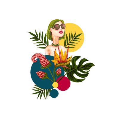 Daireler ve tropikal bitkilerle çevrili gözlüklü genç bir kızın yaratıcı çizimi. Moda ürünleri için baskı. Yeşil saçlı kadın doğa ve ekolojiyi düşünür.